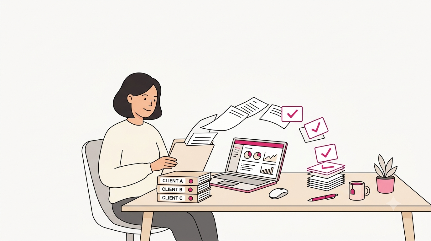 Illustratie van een boekhouder die cliëntinformatie organiseert